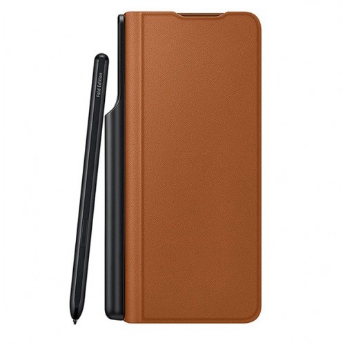 Samsung Galaxy Z Fold 3 5G Flip Case with Pen Holder PU Leather Hard PC Anti-Scratch Shook-Proof Brown