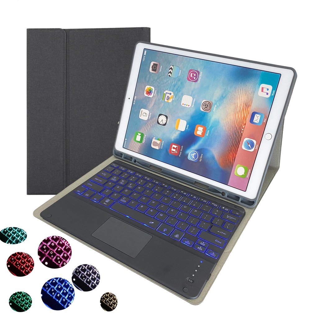 iPad Pro 12.9'' Case (2018/2020) | RK131T TPU Tablet Cover with Pen Holder & Detachable Bluetooth Keyboard with Touchpad Backlight – Black