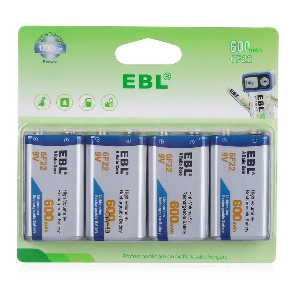 EBL 9V 600mAh Li-ion Rechargeable Batteries Lithium 6F22 Batteries 4 Pack