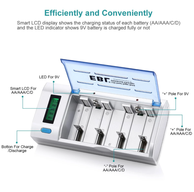 EBL Smart Battery Charger for AA AAA C D 9V Batteries with LCD Screen