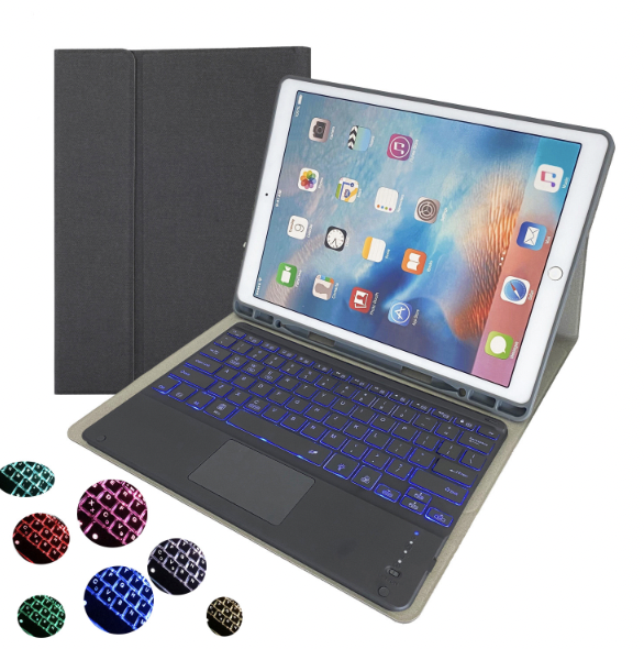 iPad TPU Case HK129T with pen-holder detachale bluetooth keyboard with touchpad and Back light For iPad Pro 12.9 (2015/2017) Black