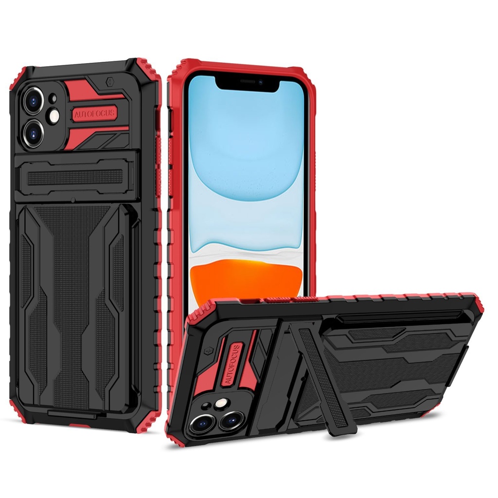 iPhone 13 Pro Max  Fashion Phone Cover Case with A Card Slot & Card Holder (i-Crystal) Black+Red